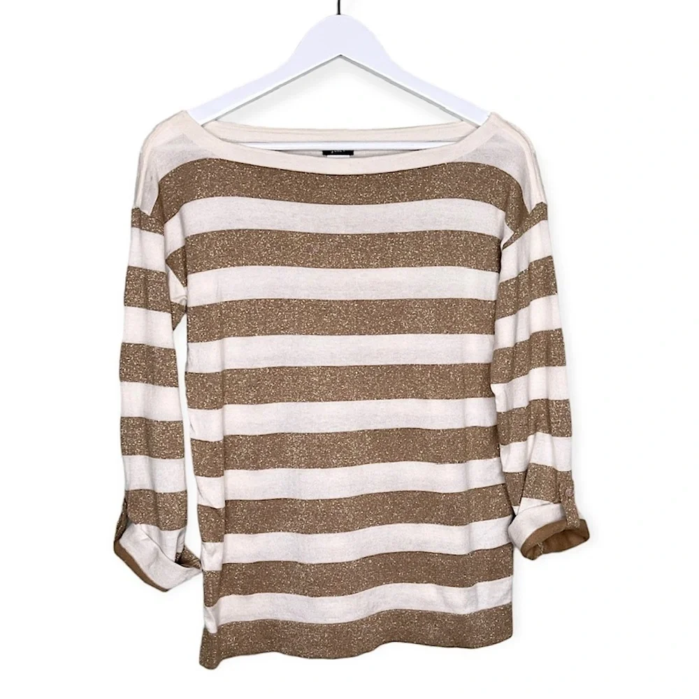 J. Crew Wool‎ Blend Roll Button Long Sleeve Top Striped Gold Shimmer White XS